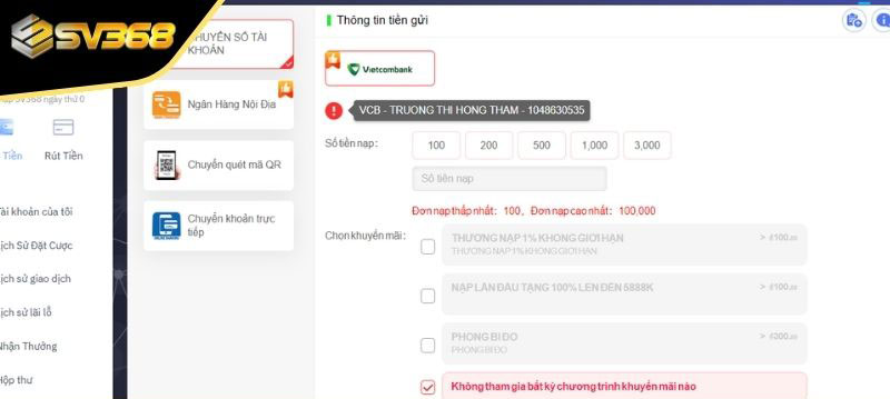 Nạp tiền qua ngân hàng